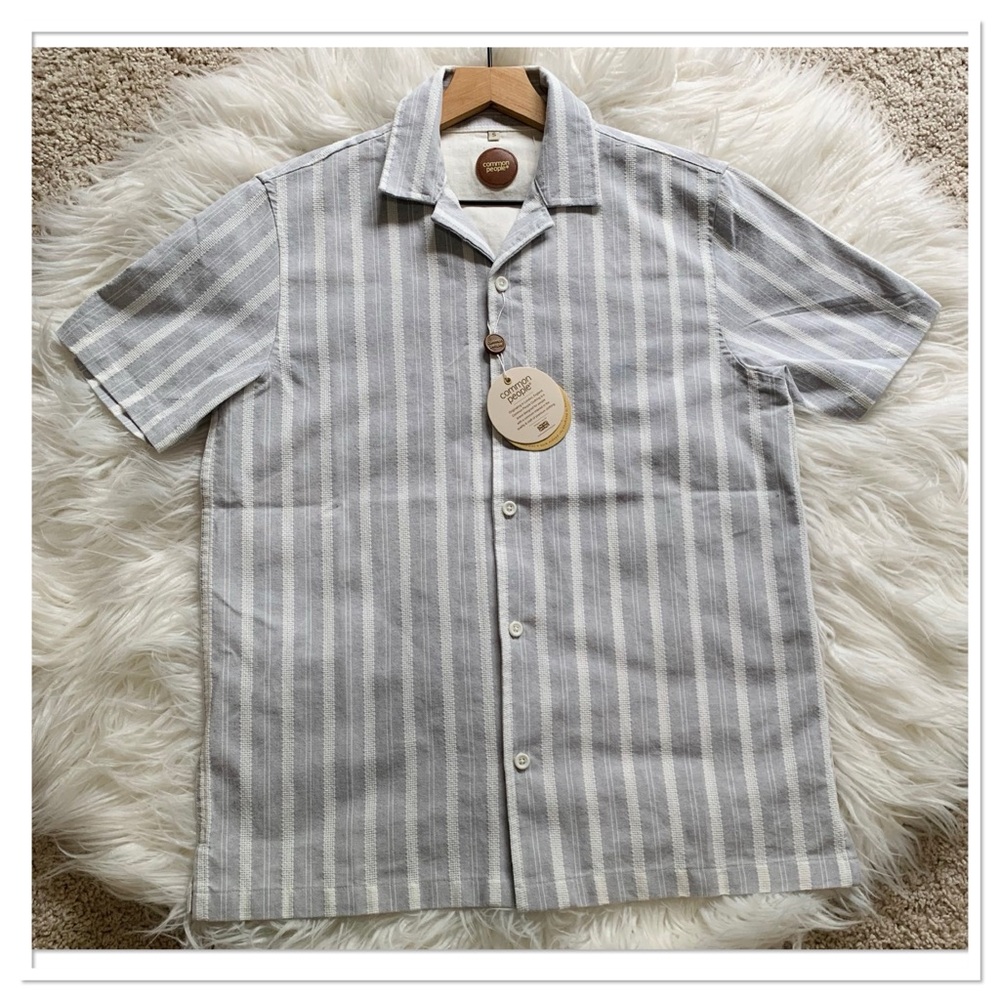 NWT Common People Topper Button Down Textured Shirt White Grey Small